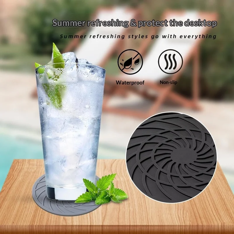 8Pcs 10cm FDA Certified Round Silicone Coasters Waterproof Non-slip Heat Resistant Cup Mats with Storage Holder - Black