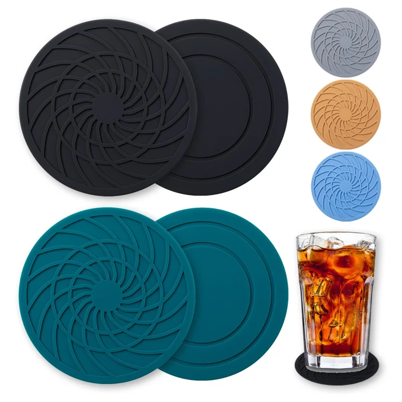 8Pcs 10cm FDA Certified Round Silicone Coasters Waterproof Non-slip Heat Resistant Cup Mats with Storage Holder - Black