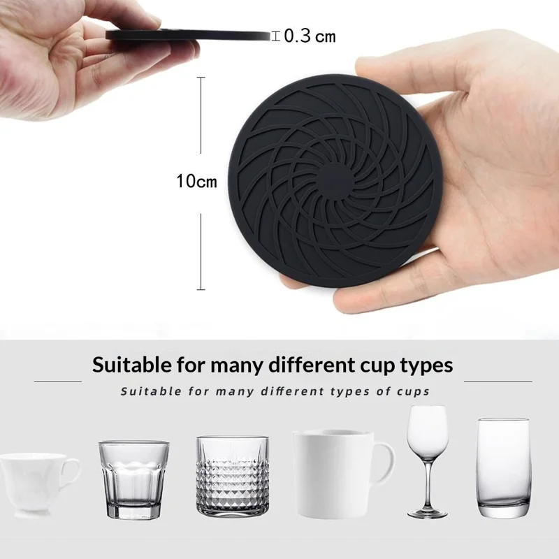 8Pcs 10cm FDA Certified Round Silicone Coasters Waterproof Non-slip Heat Resistant Cup Mats with Storage Holder - Black