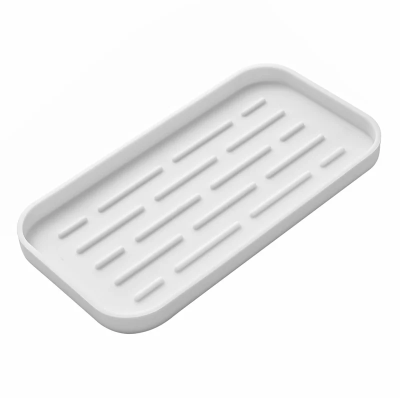 Silicone Draining Tray Rectangular Kitchen Sink Organizer Mat Non-Slip Raised Lines Waterproof for Bathroom - White