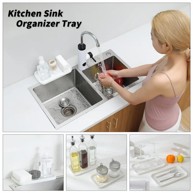 Silicone Draining Tray Rectangular Kitchen Sink Organizer Mat Non-Slip Raised Lines Waterproof for Bathroom - White