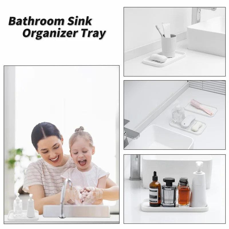 Silicone Draining Tray Rectangular Kitchen Sink Organizer Mat Non-Slip Raised Lines Waterproof for Bathroom - White