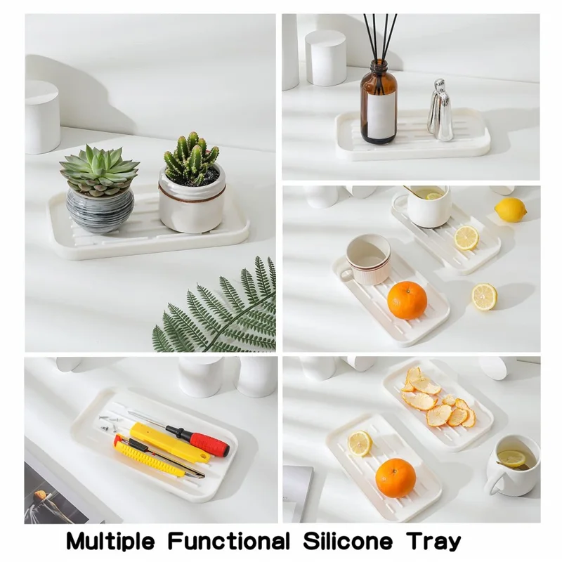 Silicone Draining Tray Rectangular Kitchen Sink Organizer Mat Non-Slip Raised Lines Waterproof for Bathroom - White