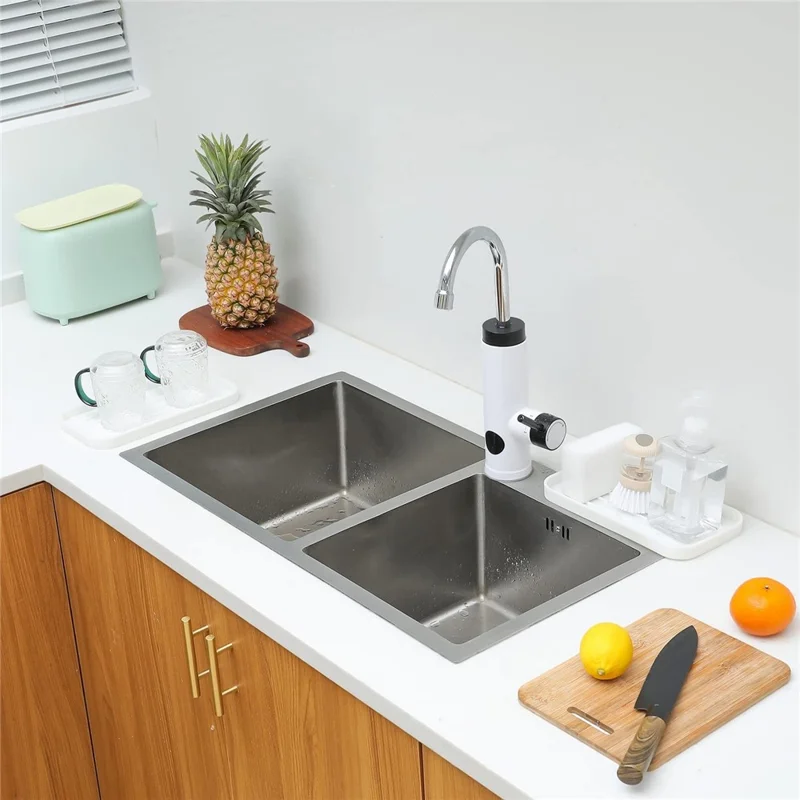 Silicone Draining Tray Rectangular Kitchen Sink Organizer Mat Non-Slip Raised Lines Waterproof for Bathroom - White
