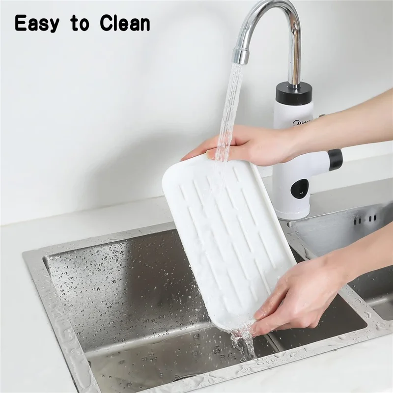 Silicone Draining Tray Rectangular Kitchen Sink Organizer Mat Non-Slip Raised Lines Waterproof for Bathroom - White