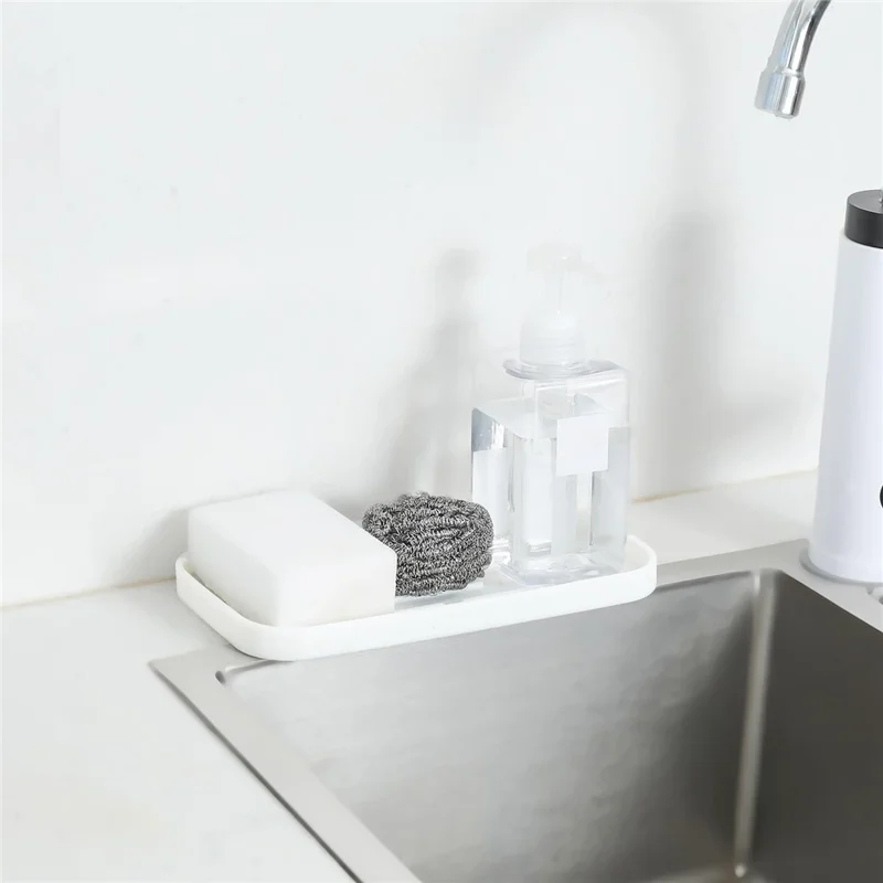 Silicone Draining Tray Rectangular Kitchen Sink Organizer Mat Non-Slip Raised Lines Waterproof for Bathroom - White