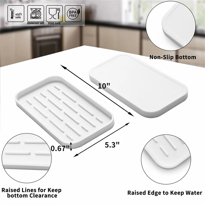Silicone Draining Tray Rectangular Kitchen Sink Organizer Mat Non-Slip Raised Lines Waterproof for Bathroom - White