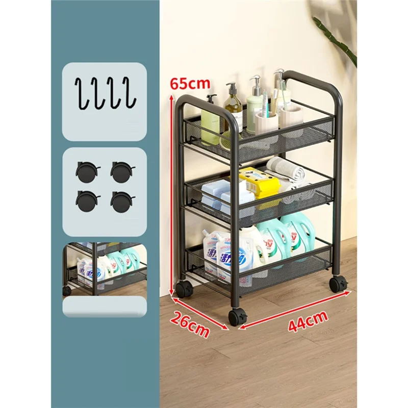 3-Tier Mobile Storage Cart Gap Slim Rolling Organizer Rack with Wheels Hooks for Bathroom Kitchen - Black