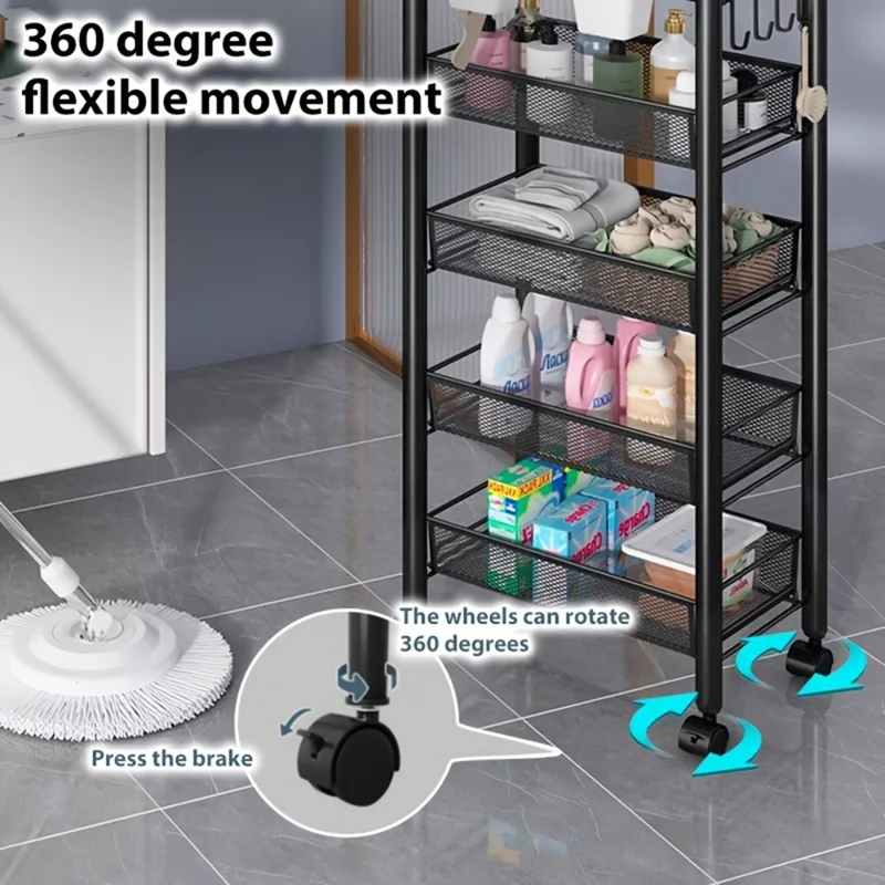 3-Tier Mobile Storage Cart Gap Slim Rolling Organizer Rack with Wheels Hooks for Bathroom Kitchen - Black