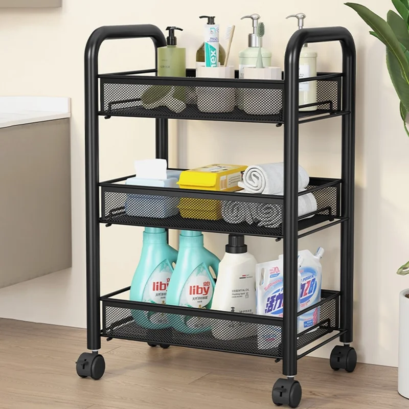 3-Tier Mobile Storage Cart Gap Slim Rolling Organizer Rack with Wheels Hooks for Bathroom Kitchen - Black