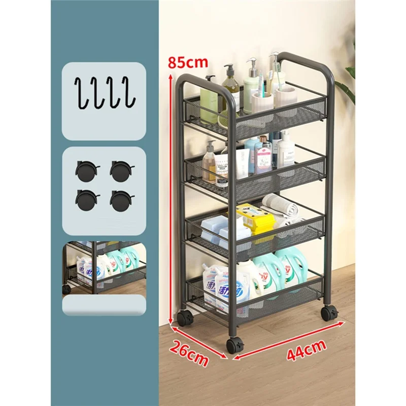 4-Tier Mobile Storage Cart Gap Slim Rolling Organizer Rack with Wheels Hooks for Bathroom Kitchen - Black