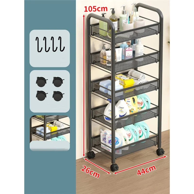 3-Tier Mobile Storage Cart Gap Slim Rolling Organizer Rack with Wheels Hooks for Bathroom Kitchen - Black