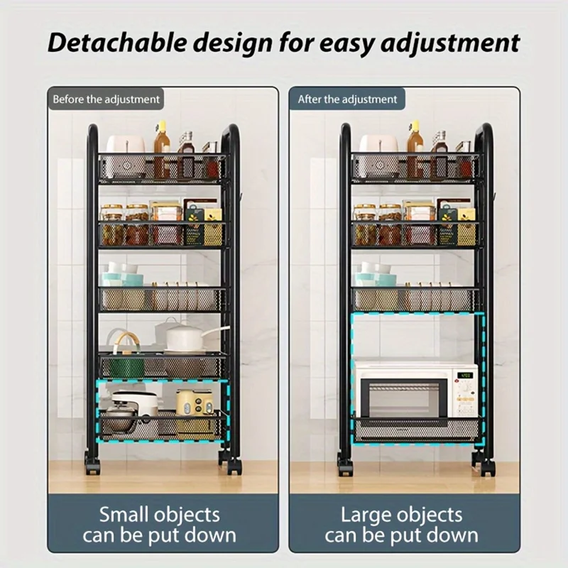 3-Tier Mobile Storage Cart Gap Slim Rolling Organizer Rack with Wheels Hooks for Bathroom Kitchen - Black