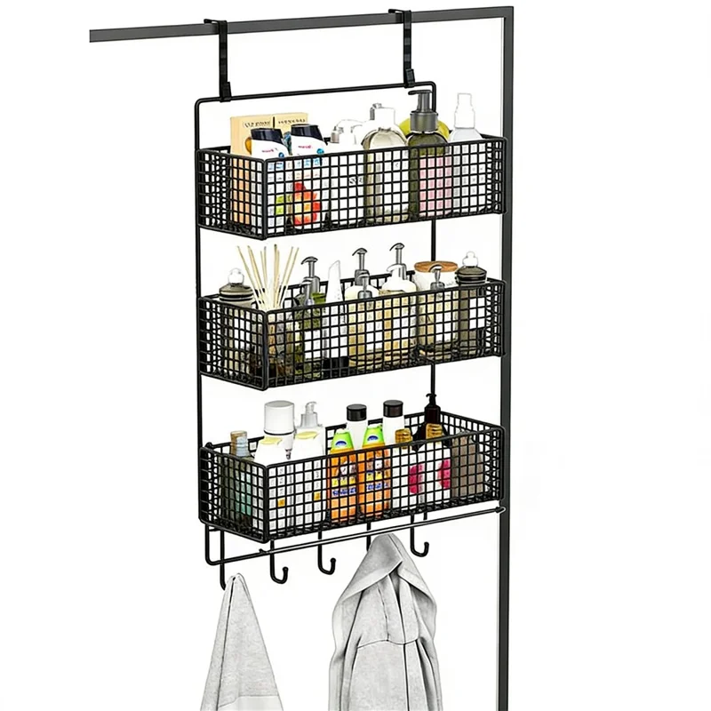 3-Tier Large Size 37x15x67cm Over Door Mesh Storage Organizer Metal Storage Shelf with Hooks for Bathroom - Black