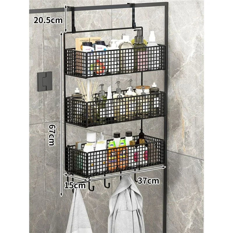 3-Tier Large Size 37x15x67cm Over Door Mesh Storage Organizer Metal Storage Shelf with Hooks for Bathroom - Black