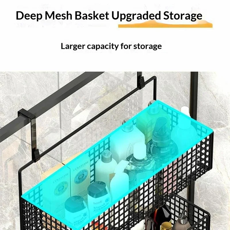 3-Tier Large Size 37x15x67cm Over Door Mesh Storage Organizer Metal Storage Shelf with Hooks for Bathroom - Black