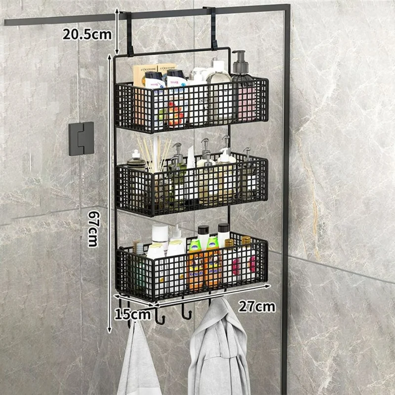 3-Tier Small Size 27x15x67cm Over Door Mesh Storage Organizer Metal Storage Shelf with Hooks for Bathroom - Black