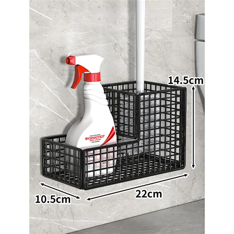 Estante para Escobilla de Inodoro con Montaje en Pared, 2 Compartimentos, Sin Perforación, Estante de Almacenamiento para Baño - Negro
