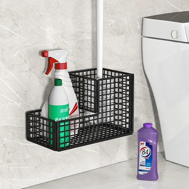 Estante para Escobilla de Inodoro con Montaje en Pared, 2 Compartimentos, Sin Perforación, Estante de Almacenamiento para Baño - Negro