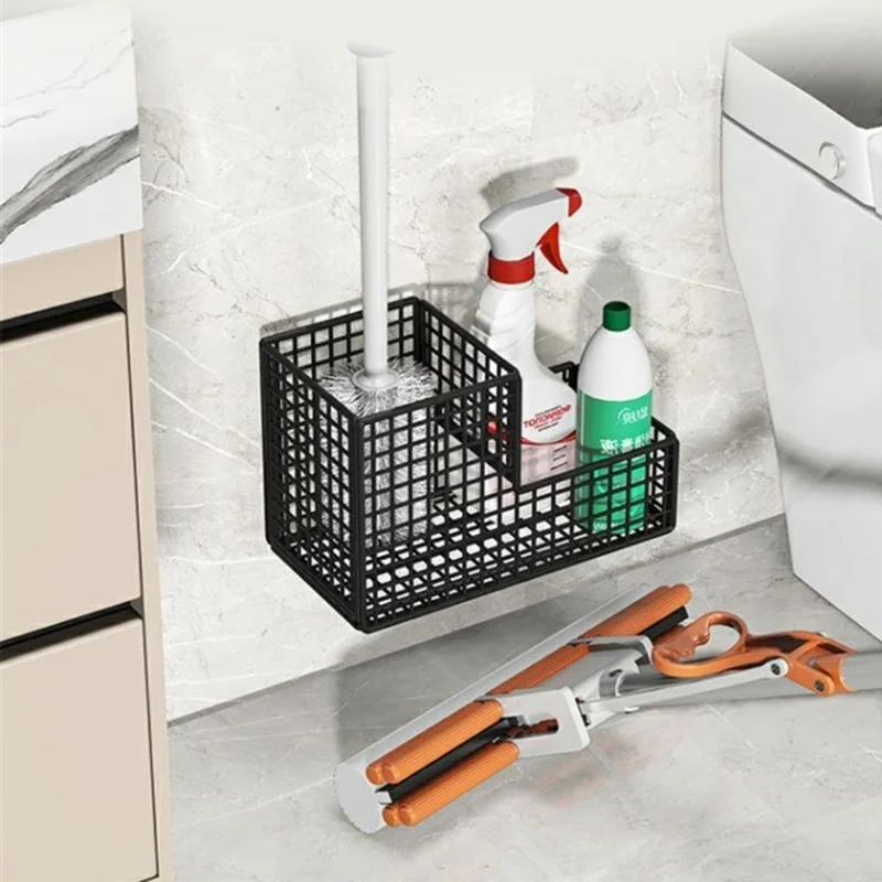 Estante para Escobilla de Inodoro con Montaje en Pared, 2 Compartimentos, Sin Perforación, Estante de Almacenamiento para Baño - Negro