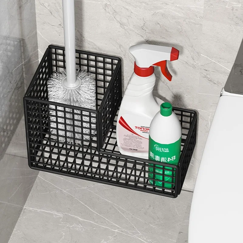 Estante para Escobilla de Inodoro con Montaje en Pared, 2 Compartimentos, Sin Perforación, Estante de Almacenamiento para Baño - Negro