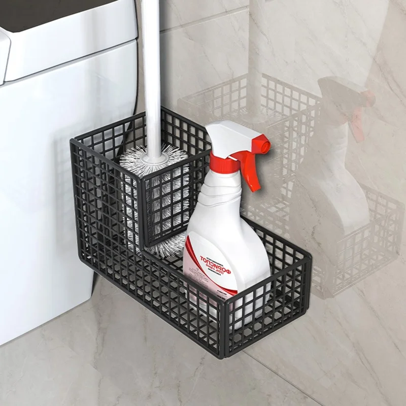 Estante para Escobilla de Inodoro con Montaje en Pared, 2 Compartimentos, Sin Perforación, Estante de Almacenamiento para Baño - Negro