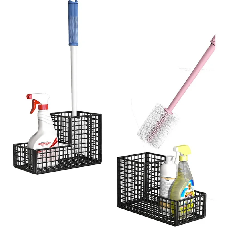 Estante para Escobilla de Inodoro con Montaje en Pared, 2 Compartimentos, Sin Perforación, Estante de Almacenamiento para Baño - Negro