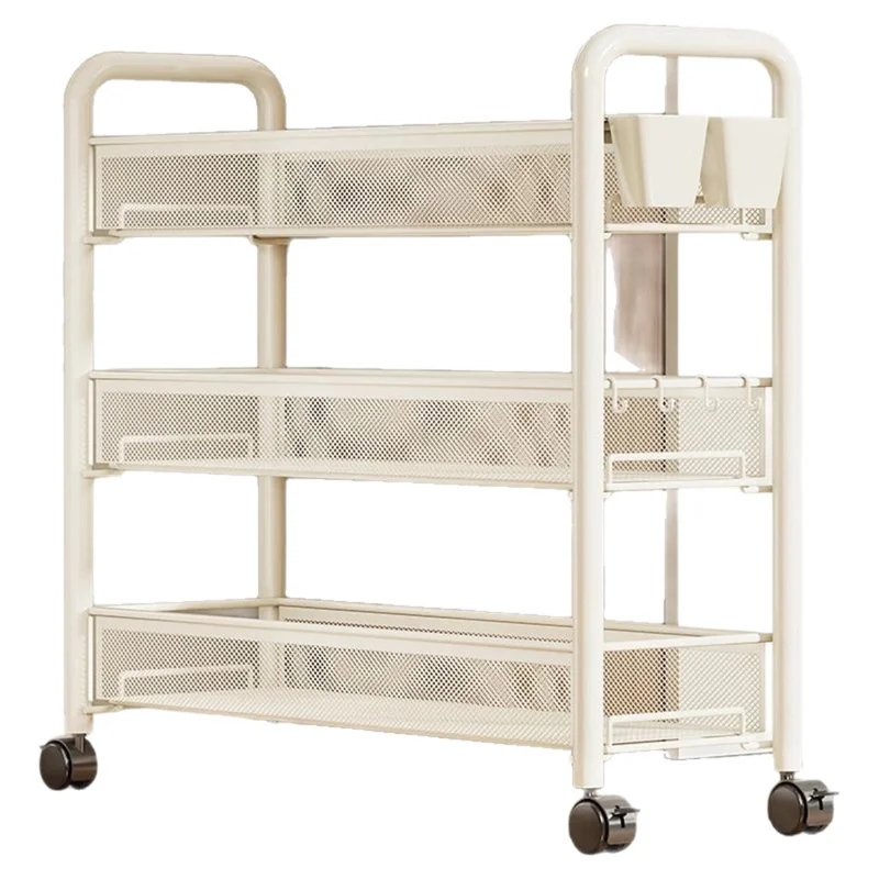 3-Tier Mobile Rolling Storage Cart Metal Storage Rack with Wheels Brake Hooks Hanging Boxes for Kitchen Bedroom Office Organization - White
