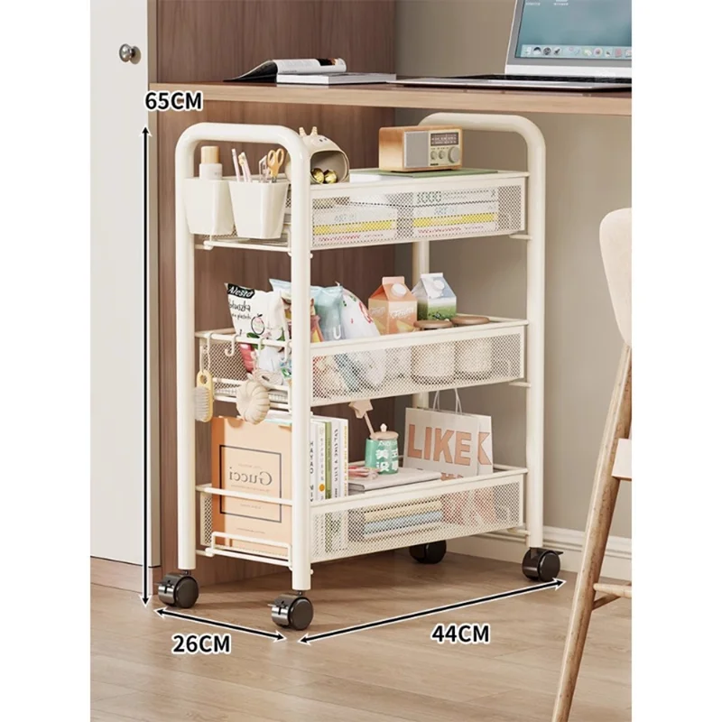 3-Tier Mobile Rolling Storage Cart Metal Storage Rack with Wheels Brake Hooks Hanging Boxes for Kitchen Bedroom Office Organization - White