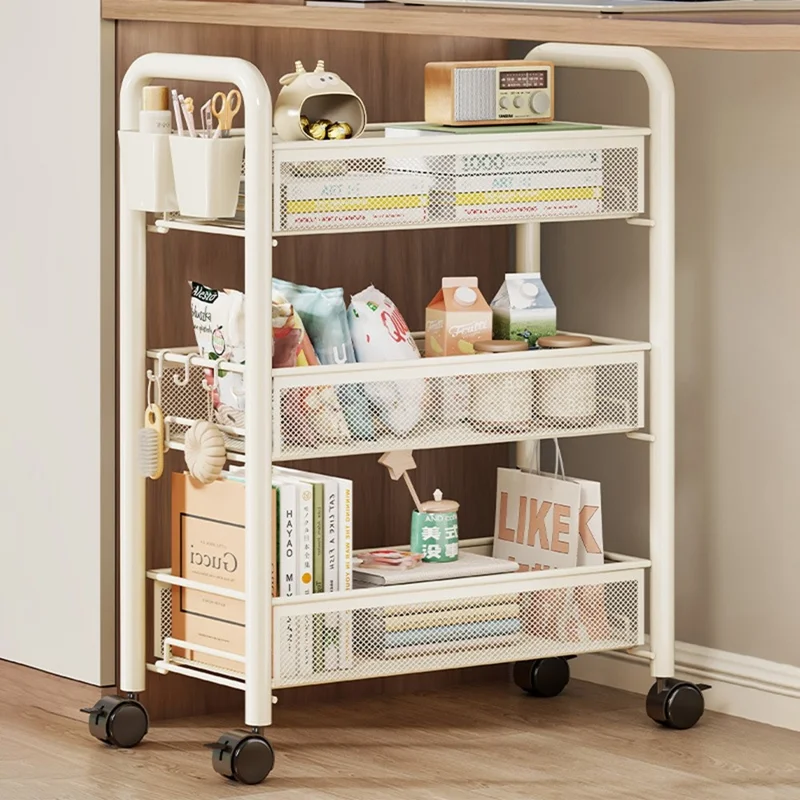 3-Tier Mobile Rolling Storage Cart Metal Storage Rack with Wheels Brake Hooks Hanging Boxes for Kitchen Bedroom Office Organization - White