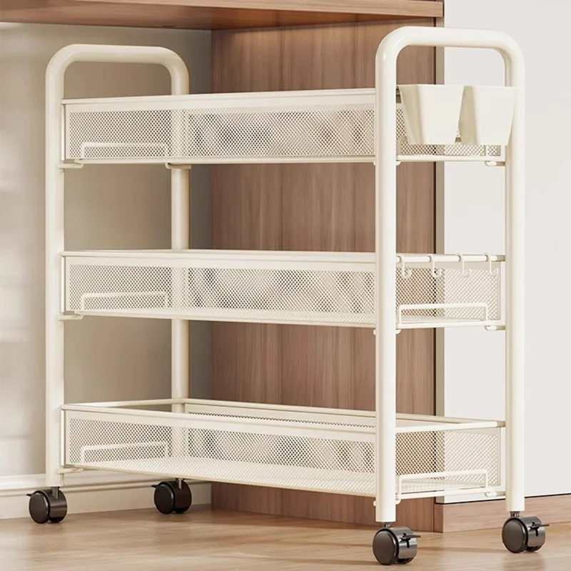 3-Tier Mobile Rolling Storage Cart Metal Storage Rack with Wheels Brake Hooks Hanging Boxes for Kitchen Bedroom Office Organization - White