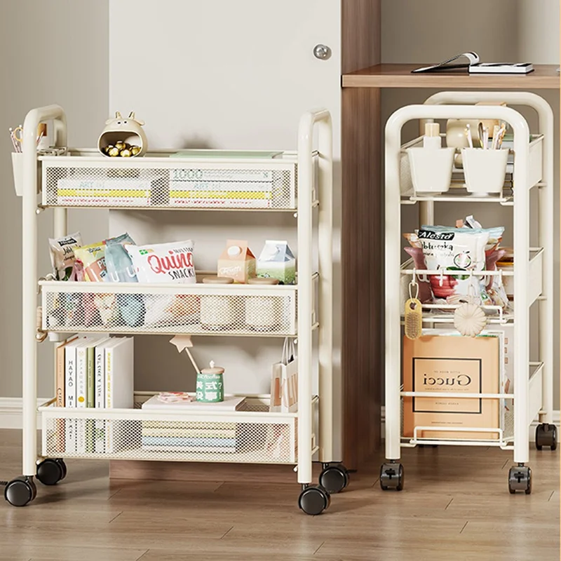 3-Tier Mobile Rolling Storage Cart Metal Storage Rack with Wheels Brake Hooks Hanging Boxes for Kitchen Bedroom Office Organization - White