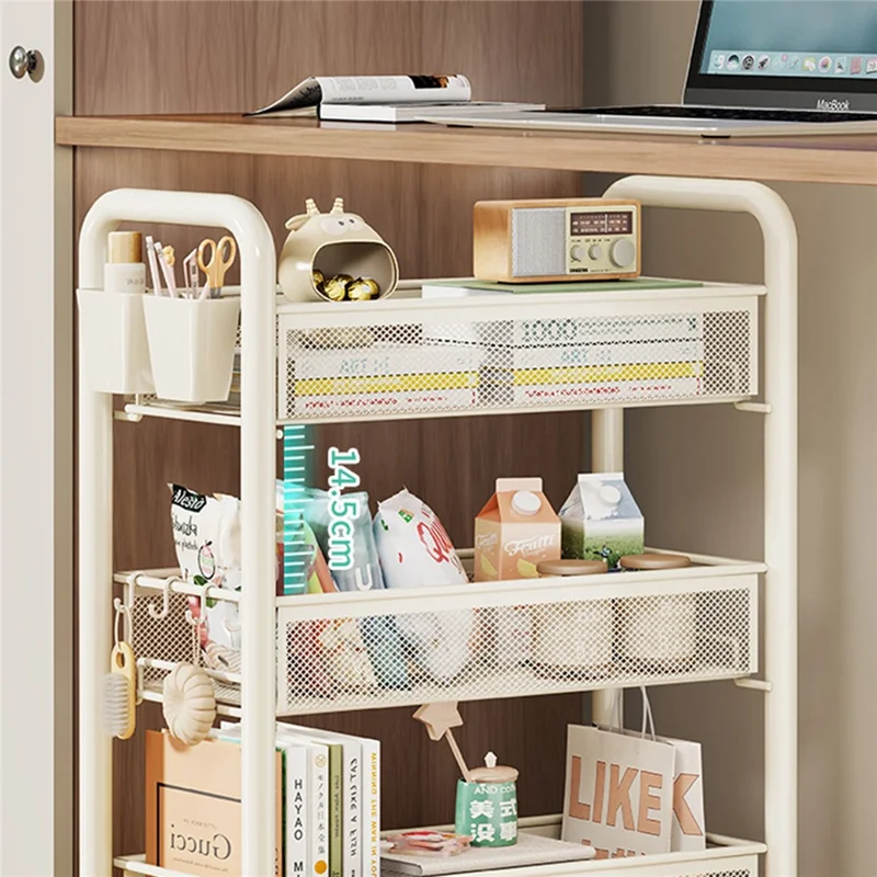 3-Tier Mobile Rolling Storage Cart Metal Storage Rack with Wheels Brake Hooks Hanging Boxes for Kitchen Bedroom Office Organization - White