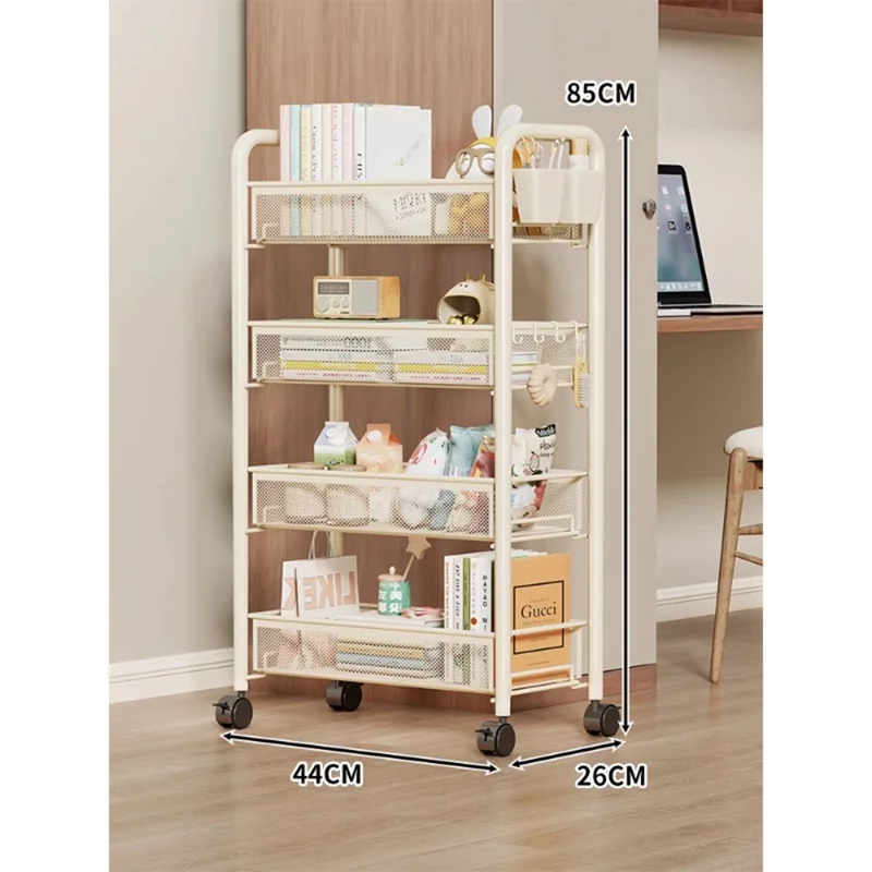 4-Tier Mobile Rolling Storage Cart Metal Storage Rack with Wheels Brake Hooks Hanging Boxes for Kitchen Bedroom Office Organization - White