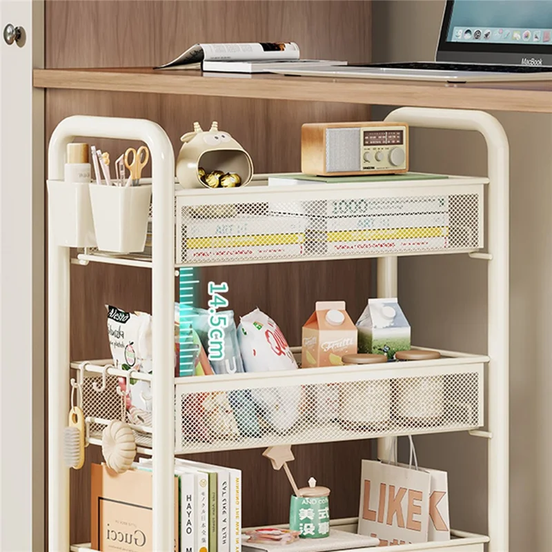 4-Tier Mobile Rolling Storage Cart Metal Storage Rack with Wheels Brake Hooks Hanging Boxes for Kitchen Bedroom Office Organization - White