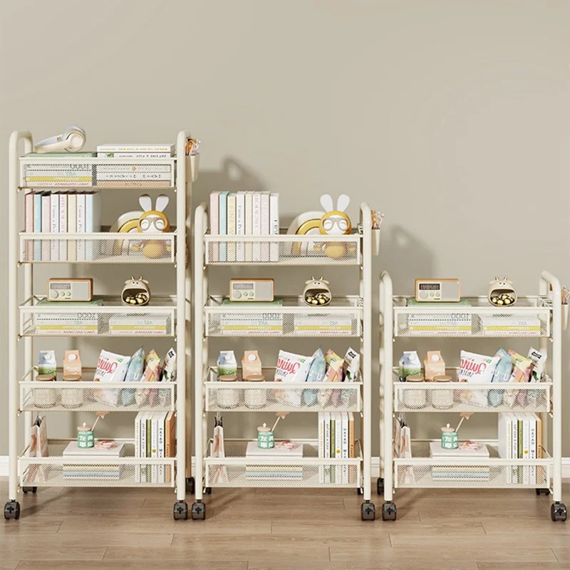 4-Tier Mobile Rolling Storage Cart Metal Storage Rack with Wheels Brake Hooks Hanging Boxes for Kitchen Bedroom Office Organization - White