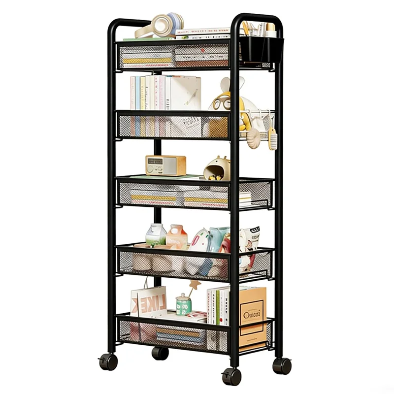 5-Tier Mobile Rolling Storage Cart Metal Storage Rack with Wheels Brake Hooks Hanging Boxes for Kitchen Bedroom Office Organization - Black