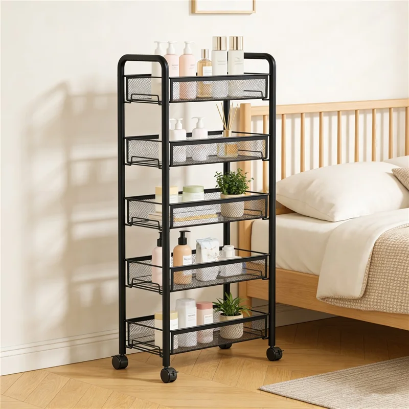 5-Tier Mobile Rolling Storage Cart Metal Storage Rack with Wheels Brake Hooks Hanging Boxes for Kitchen Bedroom Office Organization - Black