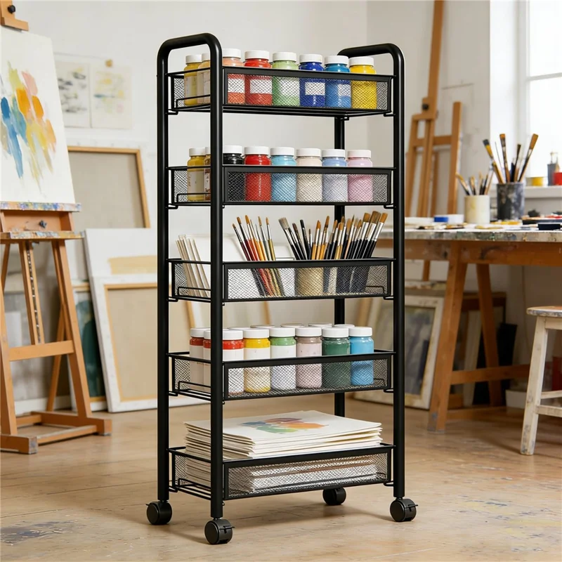 5-Tier Mobile Rolling Storage Cart Metal Storage Rack with Wheels Brake Hooks Hanging Boxes for Kitchen Bedroom Office Organization - Black