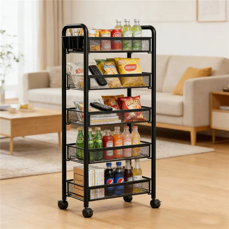 5-Tier Mobile Rolling Storage Cart Metal Storage Rack with Wheels Brake Hooks Hanging Boxes for Kitchen Bedroom Office Organization - Black