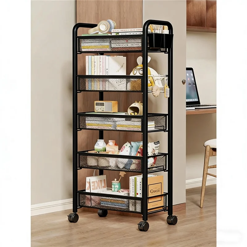 5-Tier Mobile Rolling Storage Cart Metal Storage Rack with Wheels Brake Hooks Hanging Boxes for Kitchen Bedroom Office Organization - Black
