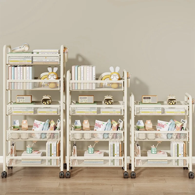 5-Tier Mobile Rolling Storage Cart Metal Storage Rack with Wheels Brake Hooks Hanging Boxes for Kitchen Bedroom Office Organization - Black