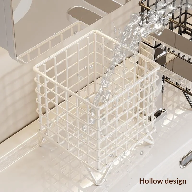 Square Mesh Storage Basket Rack Hollow Design Waterproof Countertop Organizer for Bathroom - White