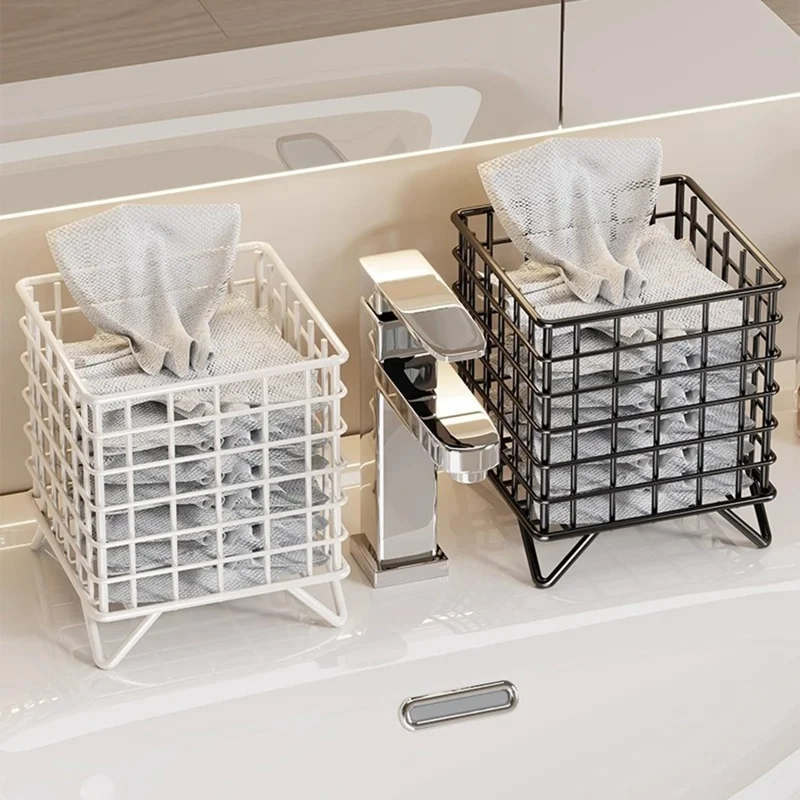 Square Mesh Storage Basket Rack Hollow Design Waterproof Countertop Organizer for Bathroom - White