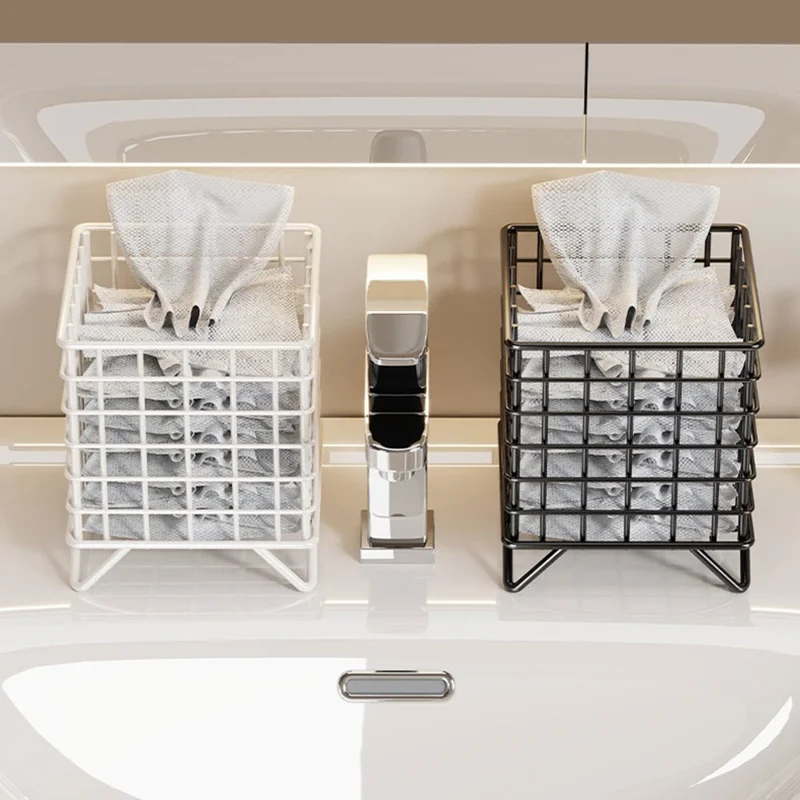 Square Mesh Storage Basket Rack Hollow Design Waterproof Countertop Organizer for Bathroom - White