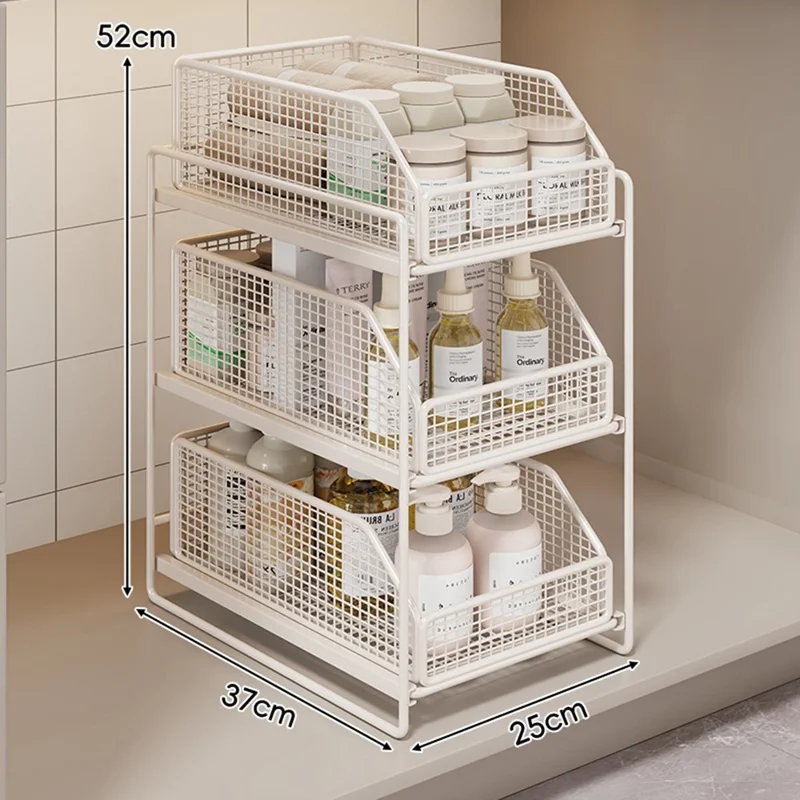 3-Layer 37x25x52cm Pull-Out Storage Rack Under Sink Organizer Drawer Basket Shelf for Cabinet - White