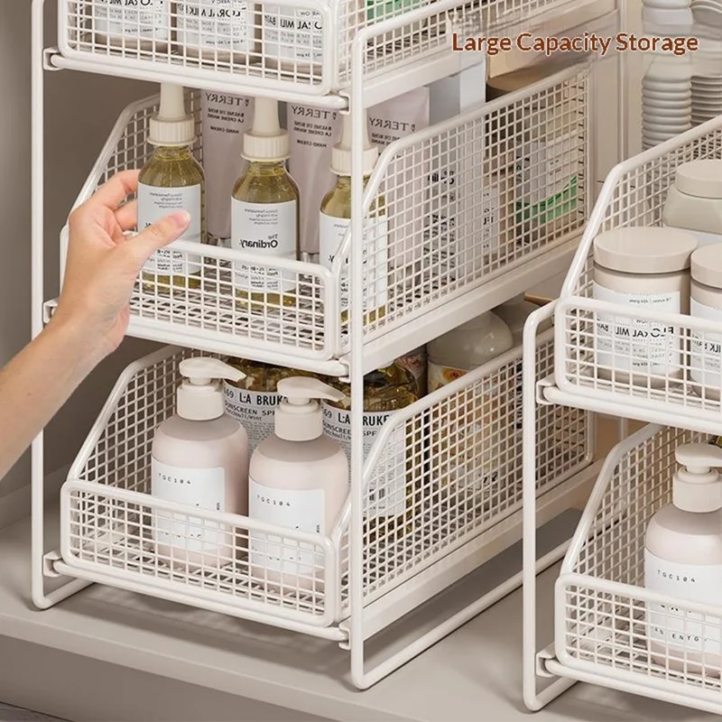 3-Layer 37x25x52cm Pull-Out Storage Rack Under Sink Organizer Drawer Basket Shelf for Cabinet - White