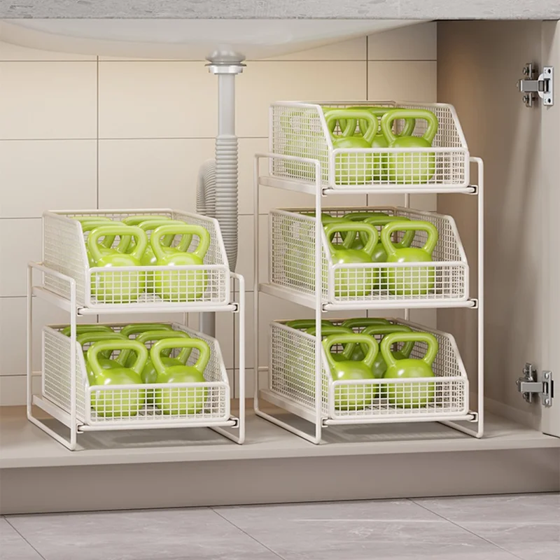 3-Layer 37x25x52cm Pull-Out Storage Rack Under Sink Organizer Drawer Basket Shelf for Cabinet - White