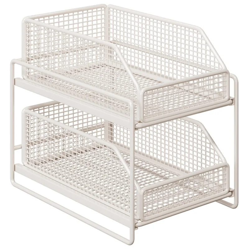 2-Layer 37x25x35cm Pull-Out Storage Rack Under Sink Organizer Drawer Basket Shelf for Cabinet - White