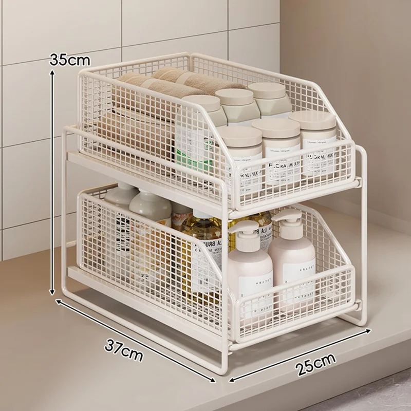 2-Layer 37x25x35cm Pull-Out Storage Rack Under Sink Organizer Drawer Basket Shelf for Cabinet - White